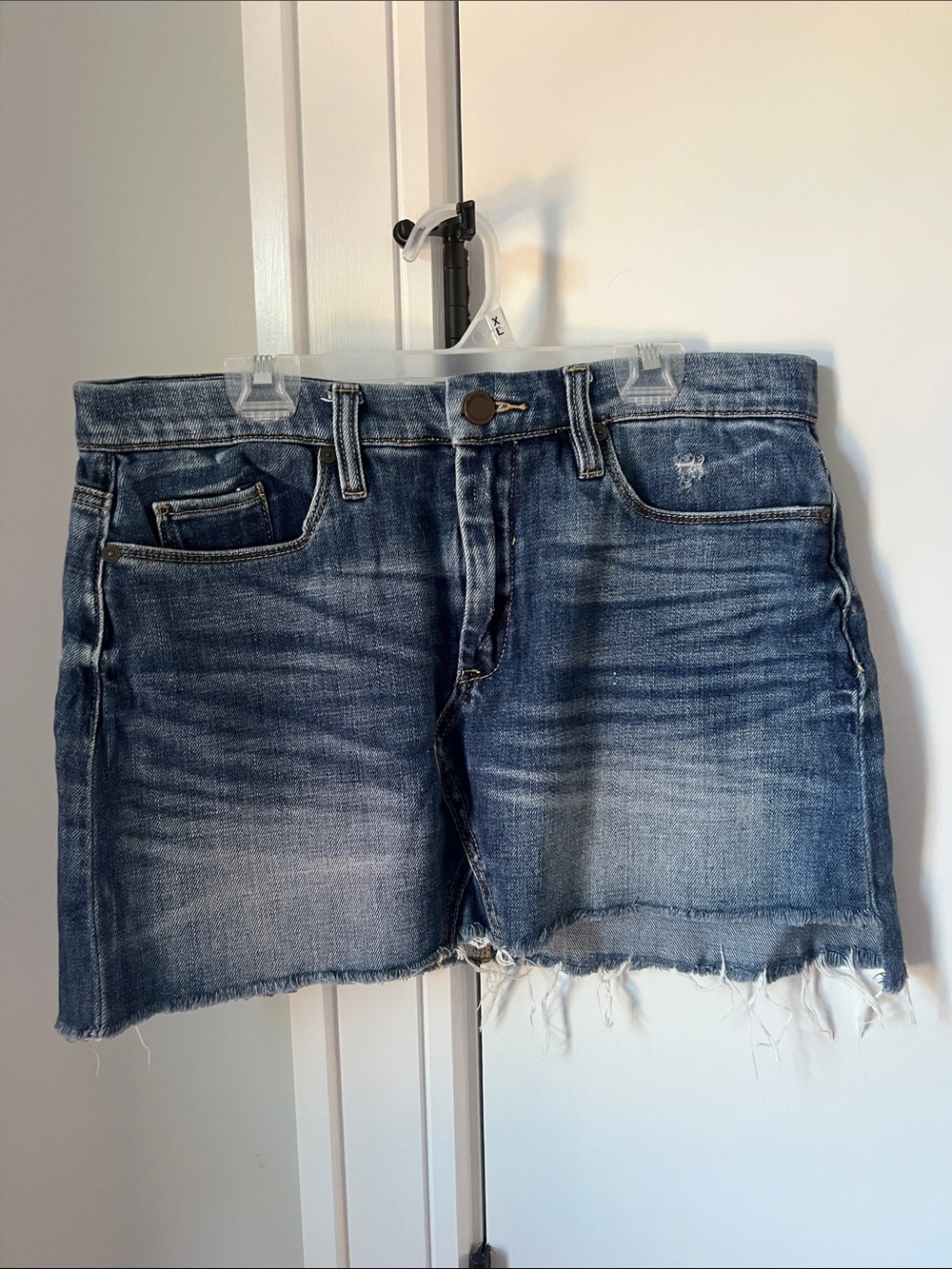 Blank NYC Blue Washed Denim Mini Skirt with Frayed Hem